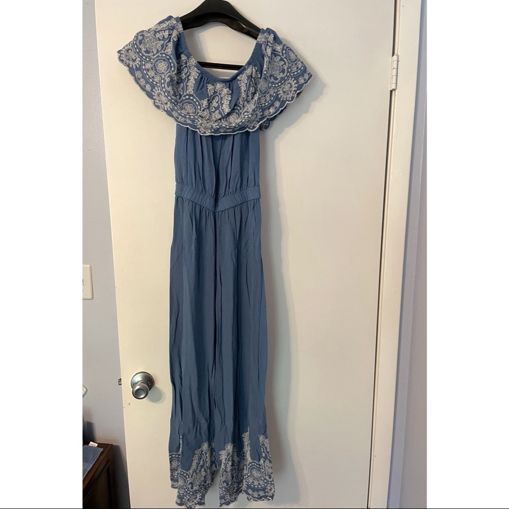 Floral detail, denim blue, off the shoulder romper/jumpsuit